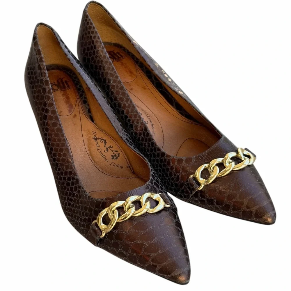 Soft Abbot Brown Leather Wedge with Snakeskin Print & Gold Chain Detail Size 11M